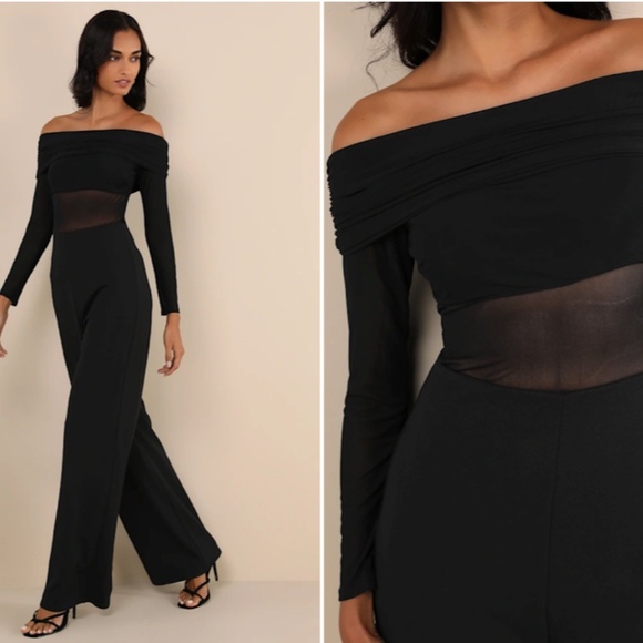 LULU's Wedding Formal Sexy Elegant Classy Off the Shoulder Long Sleeve Pantsuit - Picture 3 of 5